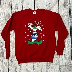 Vintage 1980s Jinggles Bunny Ugly Christmas Xmas 80s Red Pullover Sweatshirt